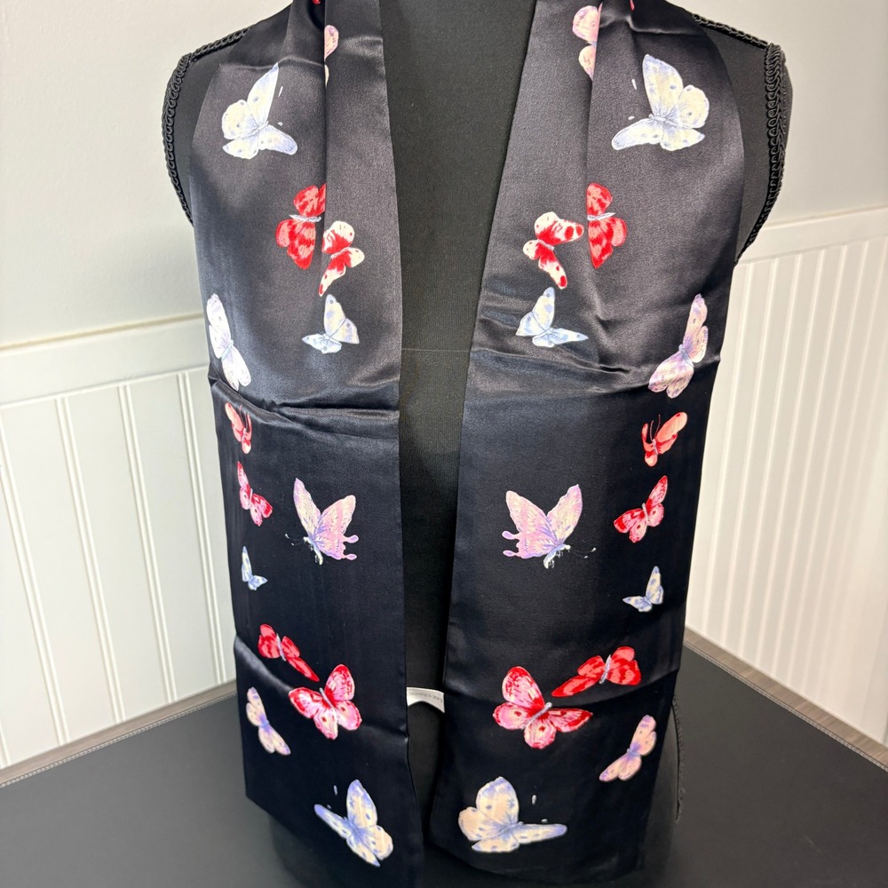 Liz Claiborne Silk Scarf Reversible Butterfly Striped Black Red Skinny Scarf